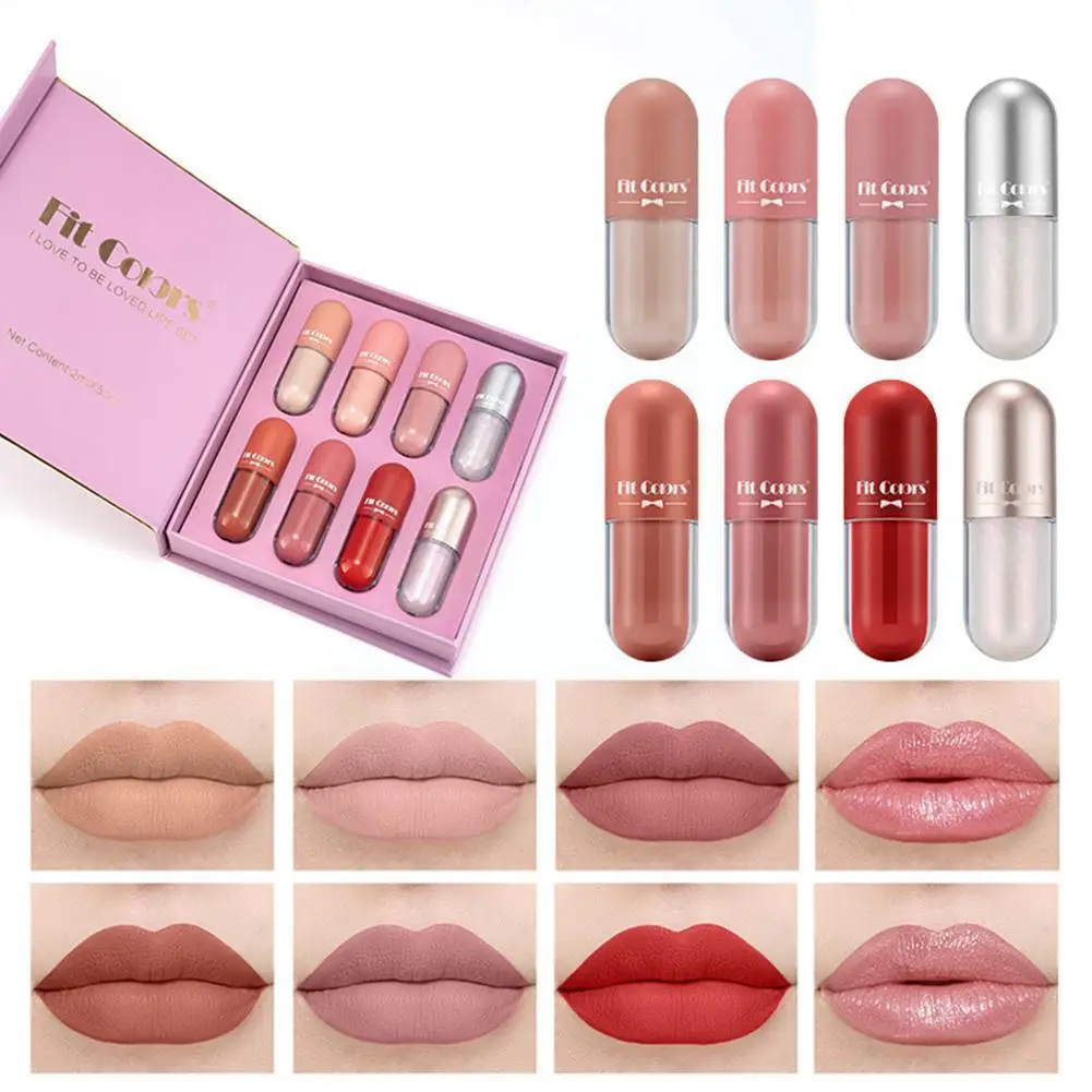 

3/8PCS Mini Capsule Lipstick Set Mini Lipsticks Nude Lip Set Glaze Lip Waterproof Matte Matte Makeup Velvet Cosmetics Tint K4H8