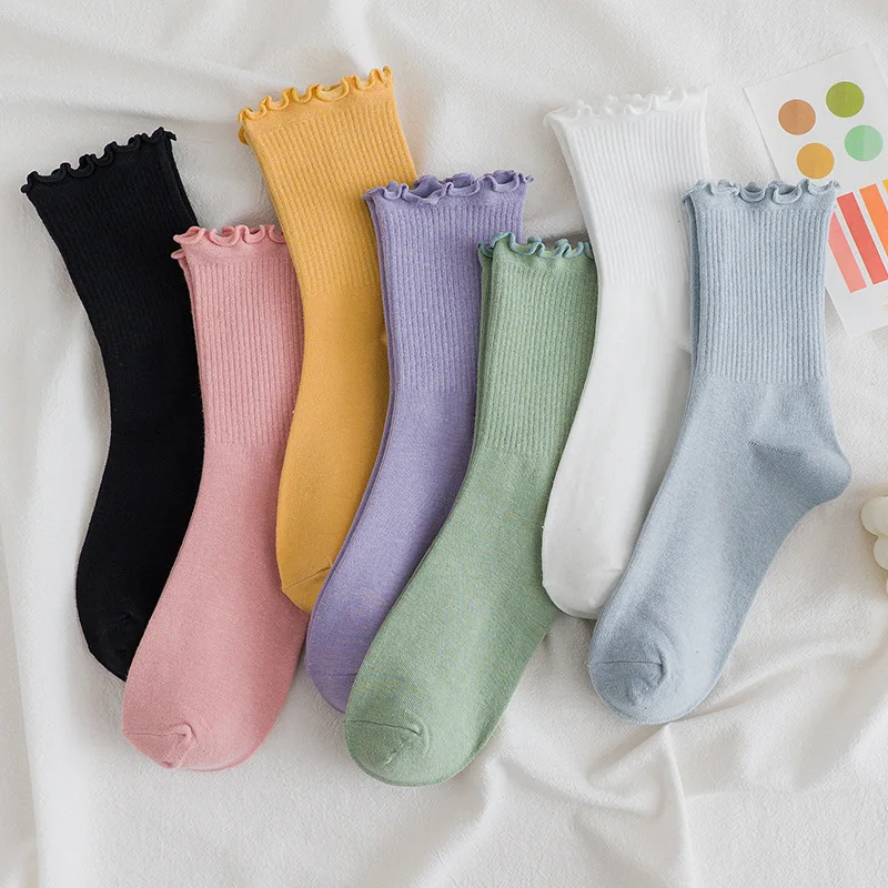 3 Pairs/lot Women Ruffle Lace Cute Socks Cotton Loose Autumn Winter Knitting Solid Color Long Stockings Breathable Mid Tube Sock