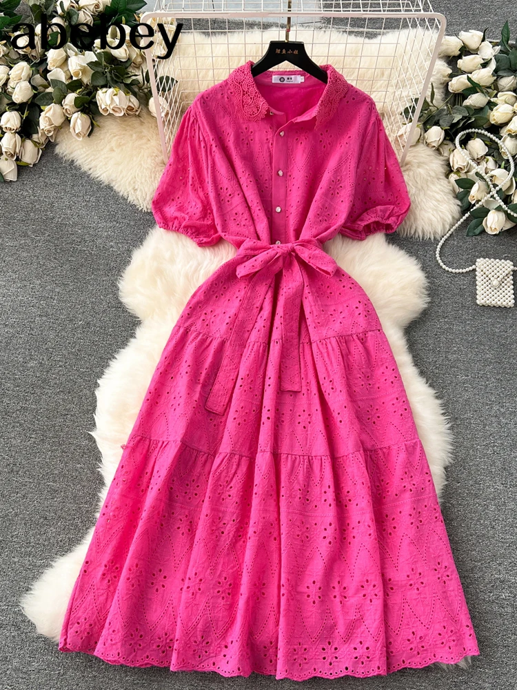 Женское платье-миди с V-образным вырезом коротким рукавом-фонариком и высокой