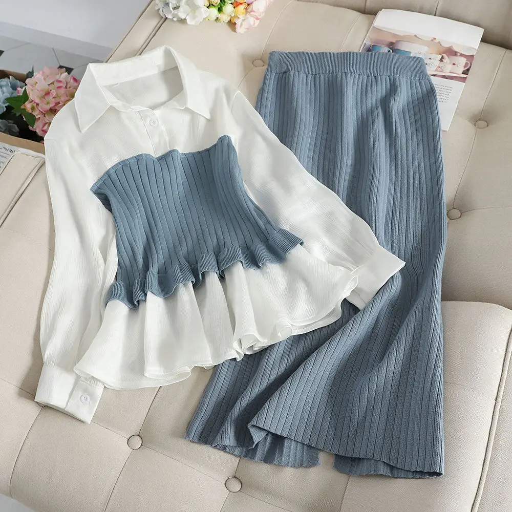 

Women Suit Spring Autumn Full Pullover O-Neck Elastic Waist Korean Ladylike Sweet 2 Piece Set Women Knitted Suit