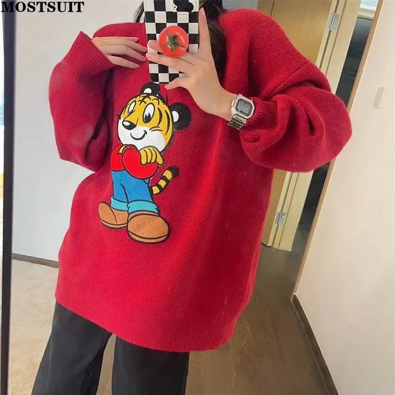 

Tiger Embroidery Knitted Sweater Pullover Women Autumn Winter Oversized Loose Fashion Ladies Top Long Sleeve Round Neck Sweaters