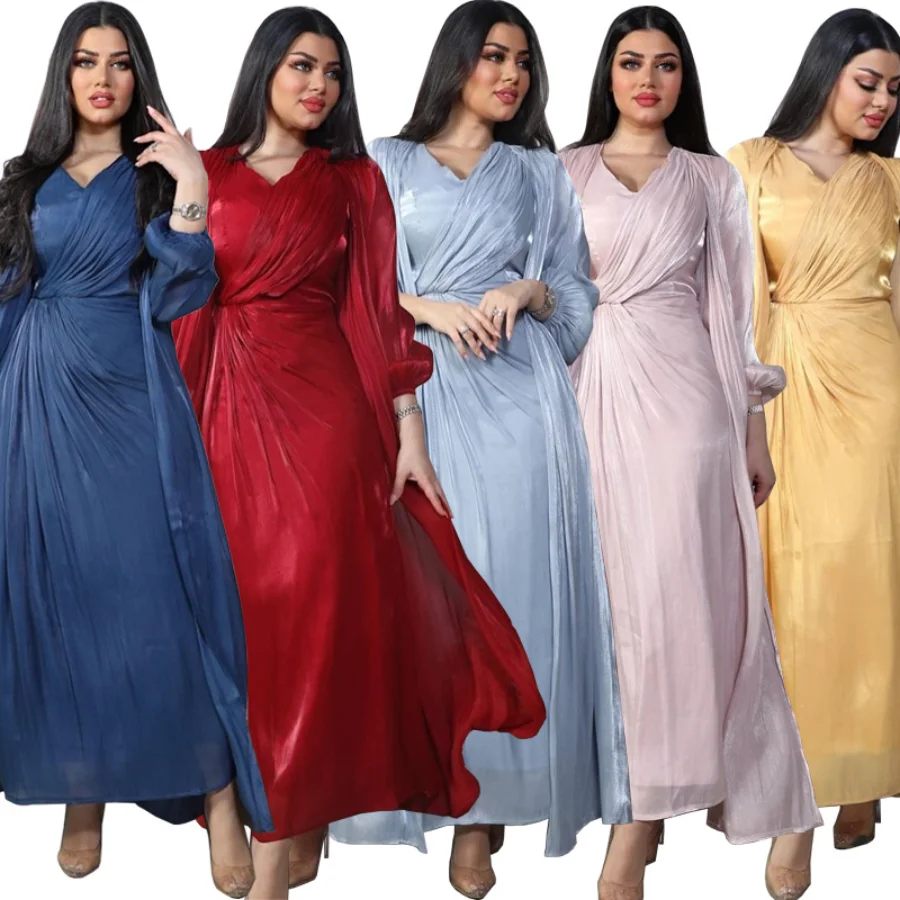 Women 2 Piece Set Silky Satin Abaya Dubai Muslim Dresses Morocco Party Dress Eid Caftan Evening Long Robe Vestidos Abayas Robe