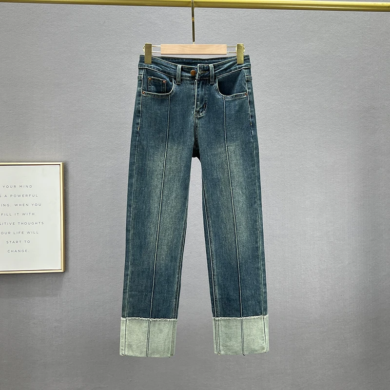 

Женские укороченные джинсы, Новинка осени 2023, эластичные джинсовые брюки с завышенной талией, обтягивающие прямые брюки-скинни, женские джинсовые брюки