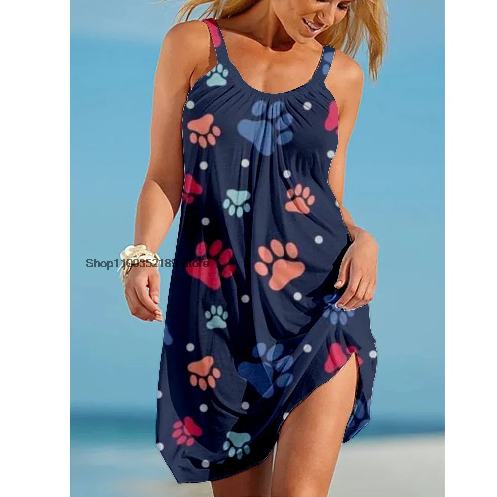 

2022 New 3D Paw Print Women's Casual Loose Suspender Dress Sexy Seaside Resort Beach Skirt Vintage Girls Sling Night Beachwear