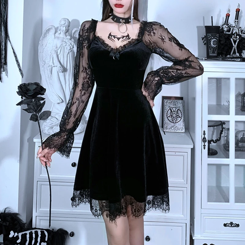 

Goth Moon Sexy Dress V Neck Vintage Mini Dress Harajuku Long Sleeve Women Autumn Party Wear Black