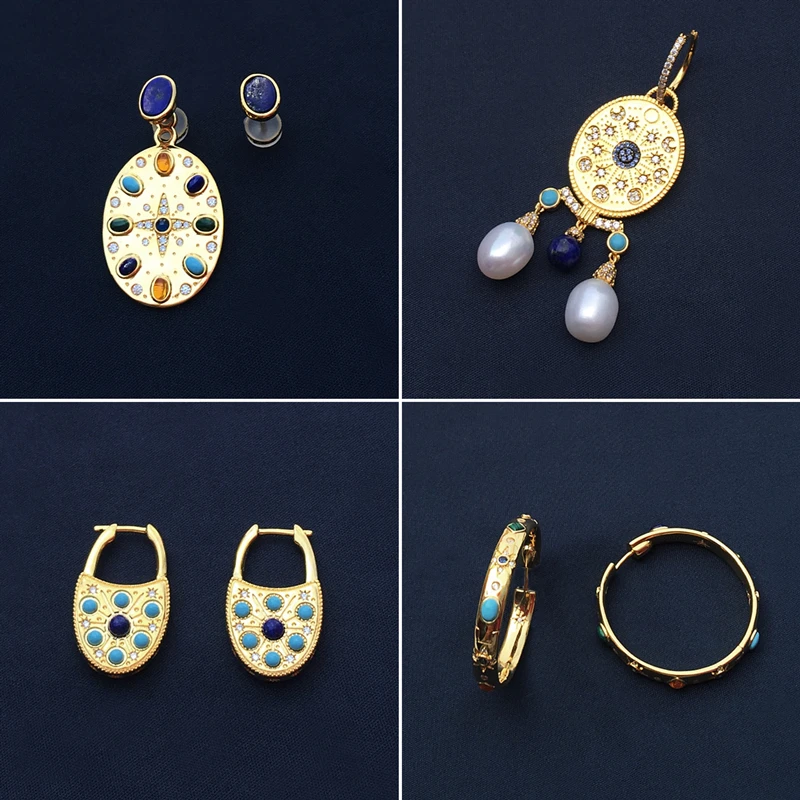 

Amoo Roma Colorful Gem Star Moon Pearl Ear Studs S925 Sterling Silver Earrings Women Classic French Bohemian Tribe Party Jewelry