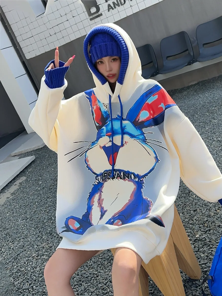 Длинный свитер с капюшоном большого размера рисунком кролика женские топы