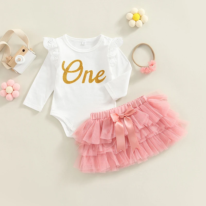 Фото Комплект одежды для новорожденных девочек Ma&Baby от 6 до 18 месяцев на первый день рождения: комбинезон с надписью, тюлевые шорты, повязка на голову, d01 №2