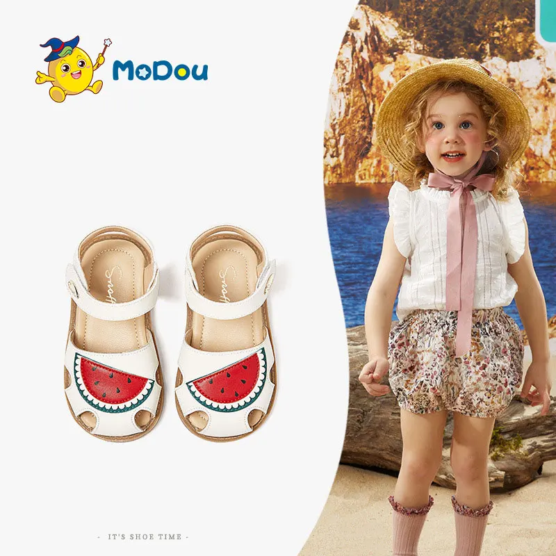 

Mo Dou Leather Sandals for Girls Non-slip 2023 Baby Soft Lovely Watermelon Toe-wrapped Hook and Loop Cozy Breathable Cut-outs