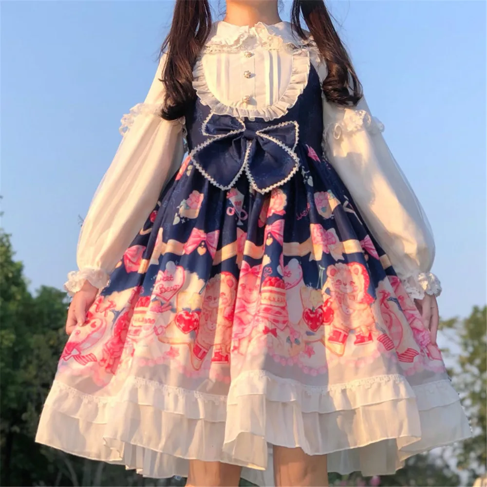 

Rosetic Two Piece Ruffle Peter Pan Collar Tops Lolita Dress Girls Preppy Style Long Sleeve Casual A Line Japanese Summer Dresses