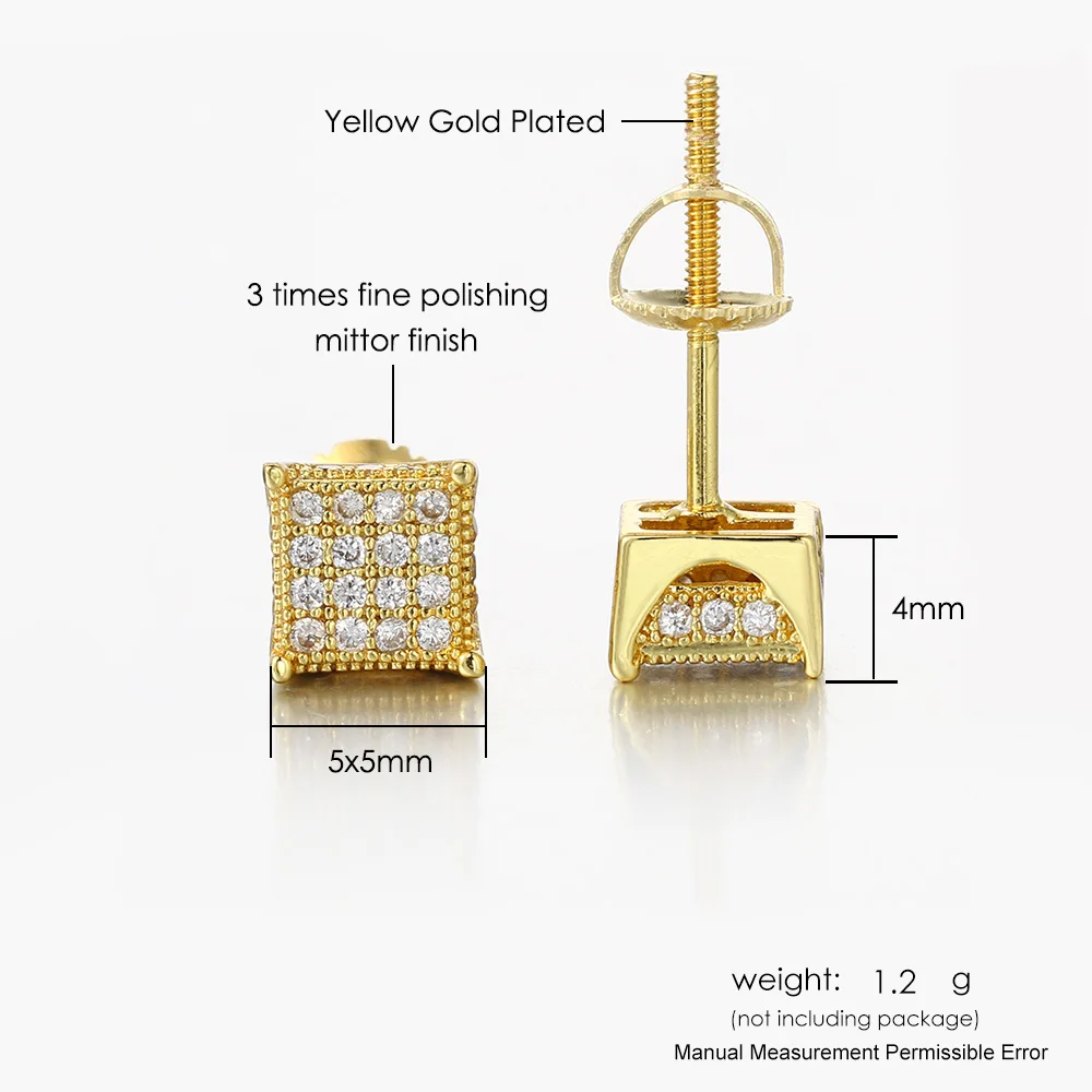 em 5 mm Kwadratowe kolczyki sztyfty dla kobiet Mężczyźni Minimalistyczna mikro inkrustowana cyrkonia Błyszczący złoty kolor Hiphop Mała