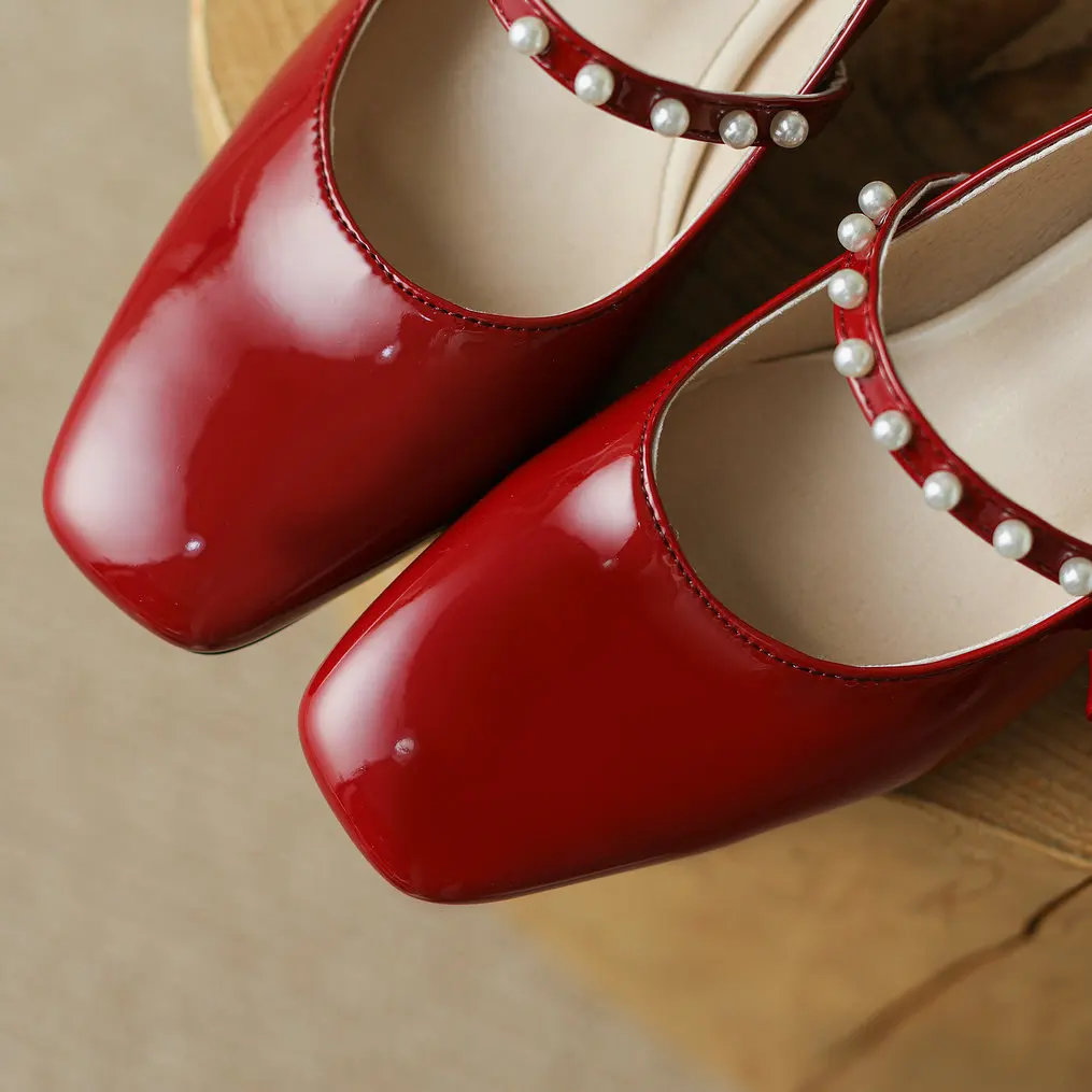Eokkar Pearl Mary Janes Square Toe Pumps 2022 Fashion Mid Chunky Heel Pumps Shoes for Women Patent Leather Pumps Elegant Shoes