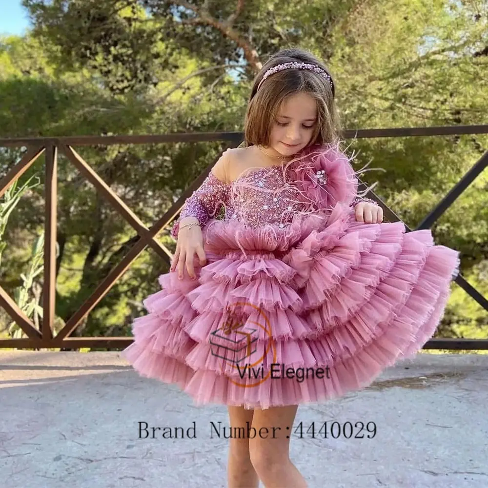 

Full Sleeve Wedding Party Gowns luxury Tiered Flower Girl Dresses with Seuqined Feather for Girls 2023 Summer فساتين بنات صغار