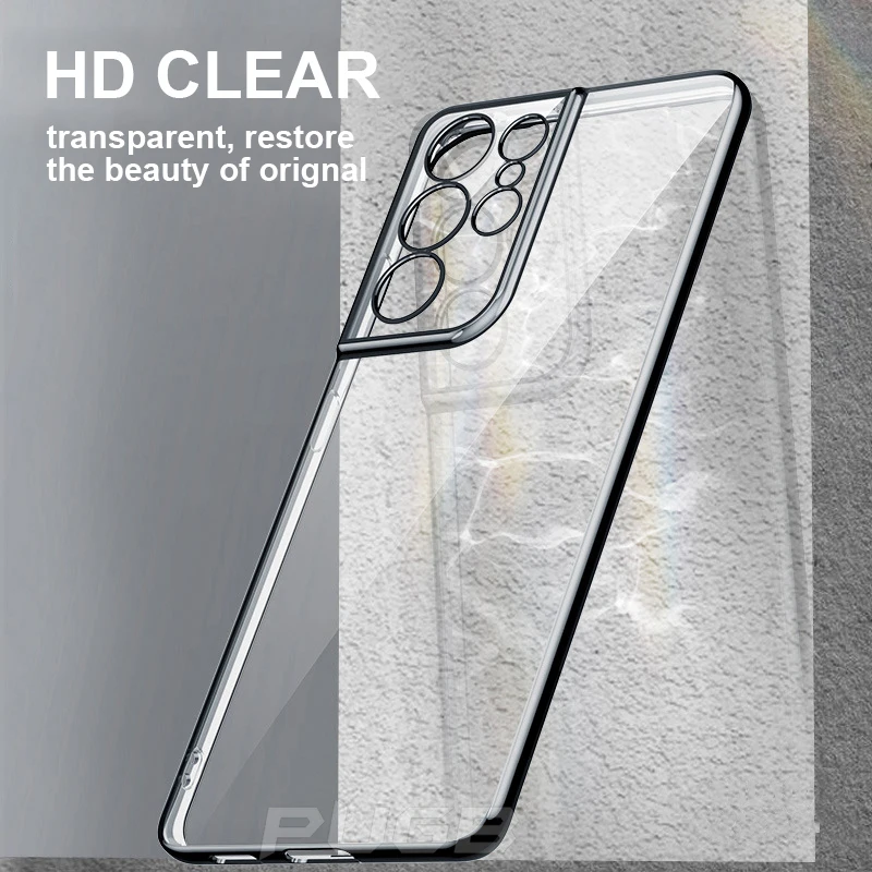Luxury Plating Frame Transparent Soft Silicone Case for Samsung Galaxy S22 S21 S20 Ultra Plus Cases Slim Clear Shockproof Cover