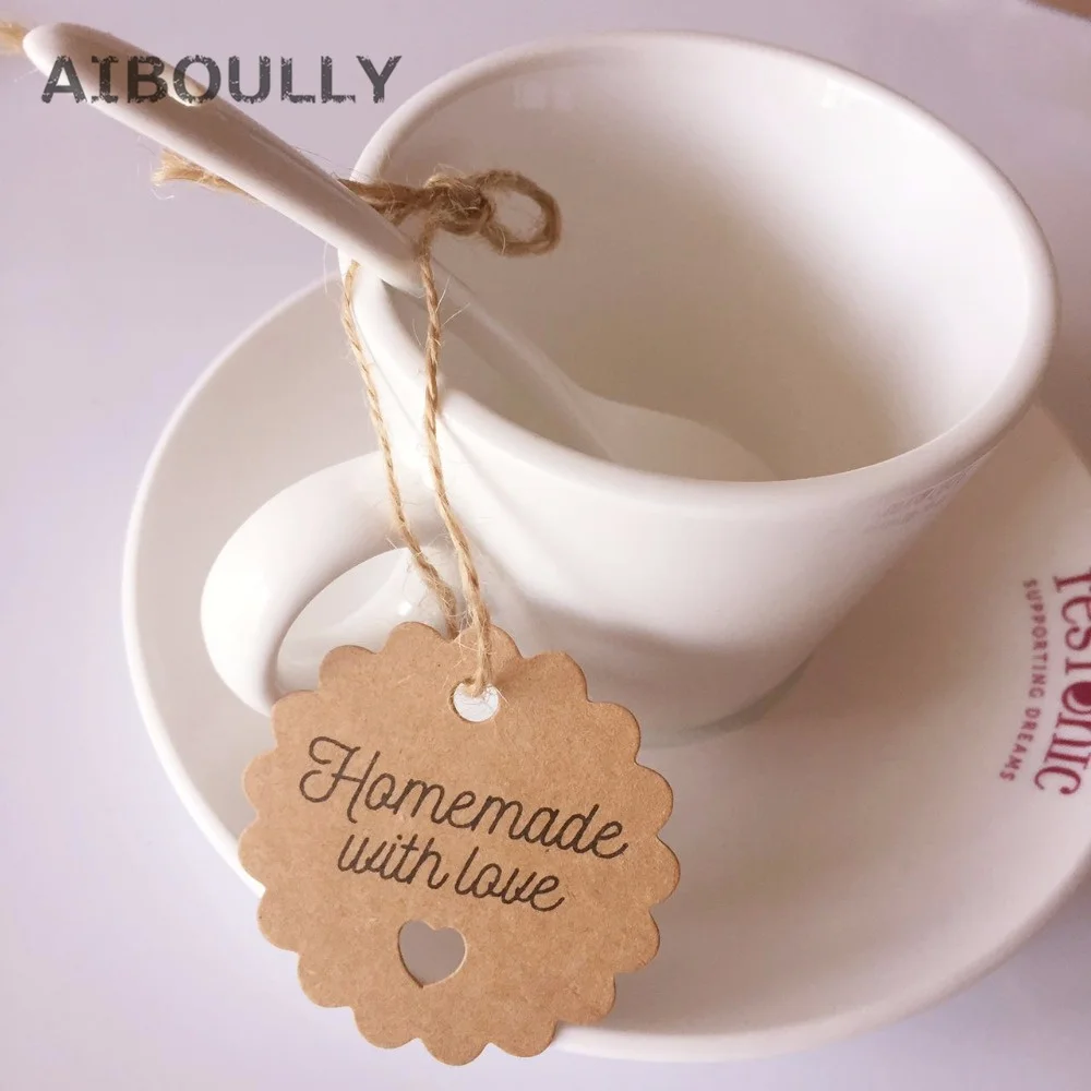 

100pcs ' homemade with love ' DIY Kraft Gift Tag Party Wedding Message Gift Tag Hang Tag Craft Cards Label Hemp String Included