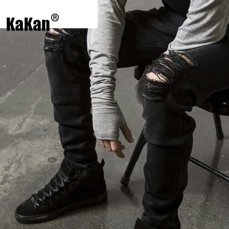 Kakan-Gao Street Poached Feet Elastic Men's Jeans, European and American New Black, White Long Jeans K010-577
