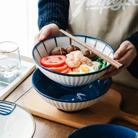 japanese style ceramic bowl of dousa ramen soup household relief vertical stripes elegant retro large capacity fruit salad bowl