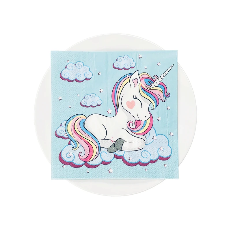 

20pcs/Pack of 2 Layers Cocktail squar Table Tissue cartoon blue rainbow unicorn print baby birthday party decoration napkins
