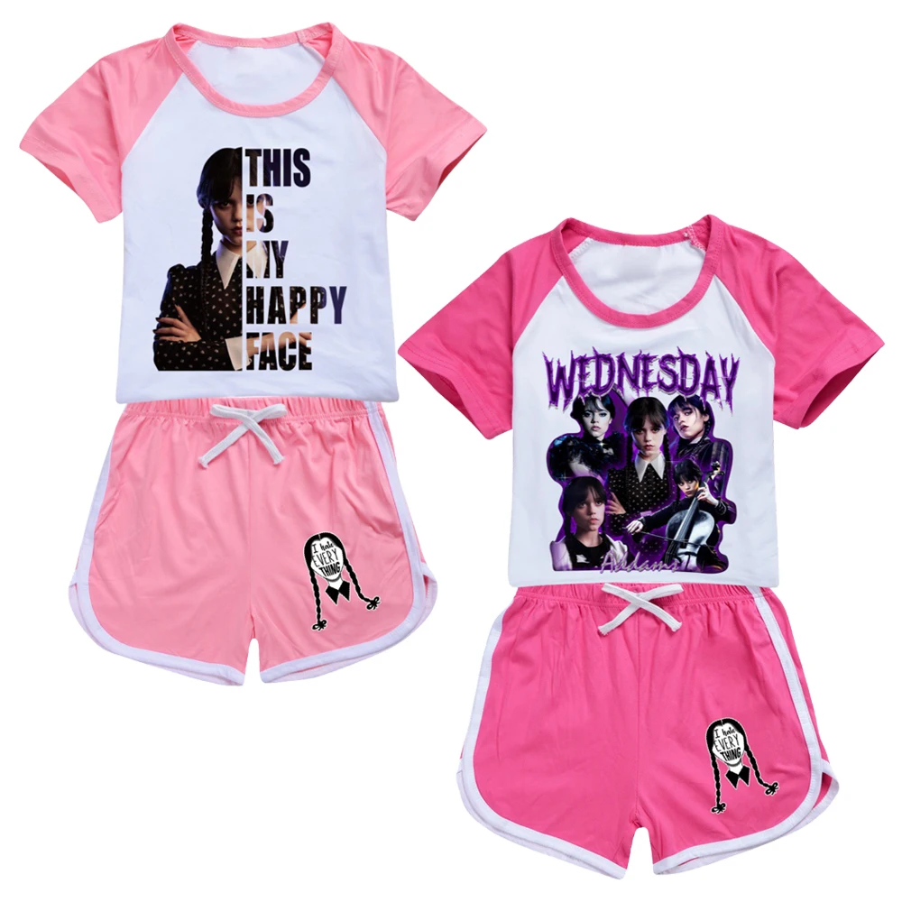 

Girls Wednesday Addams Pajmas Kids This Is My Happy Face Wednesday Print Summer Tshirt Sport Shorts 2pcs Children Clothing 2-16Y