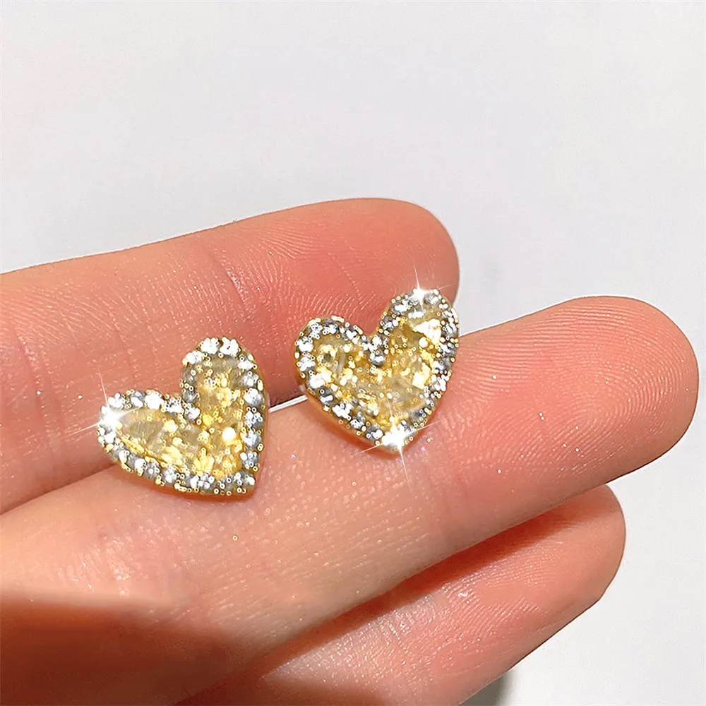 

New Korean 14k Gold Plated Trendy Zircon Studded Crystal Heart-Shaped Earrings Ins Temperament Sweet Elegant Earrings Jewelry