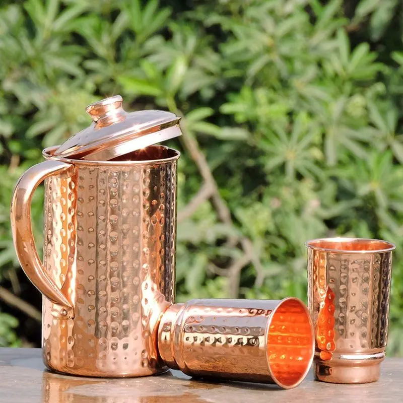 

, Juicing, Iced Tea, Lemonade. Gorgeous 50.4 fl oz Pure Copper Pitchers with 2 Copper Tumblers 0.5 fl oz, Perfect for Ayurveda B