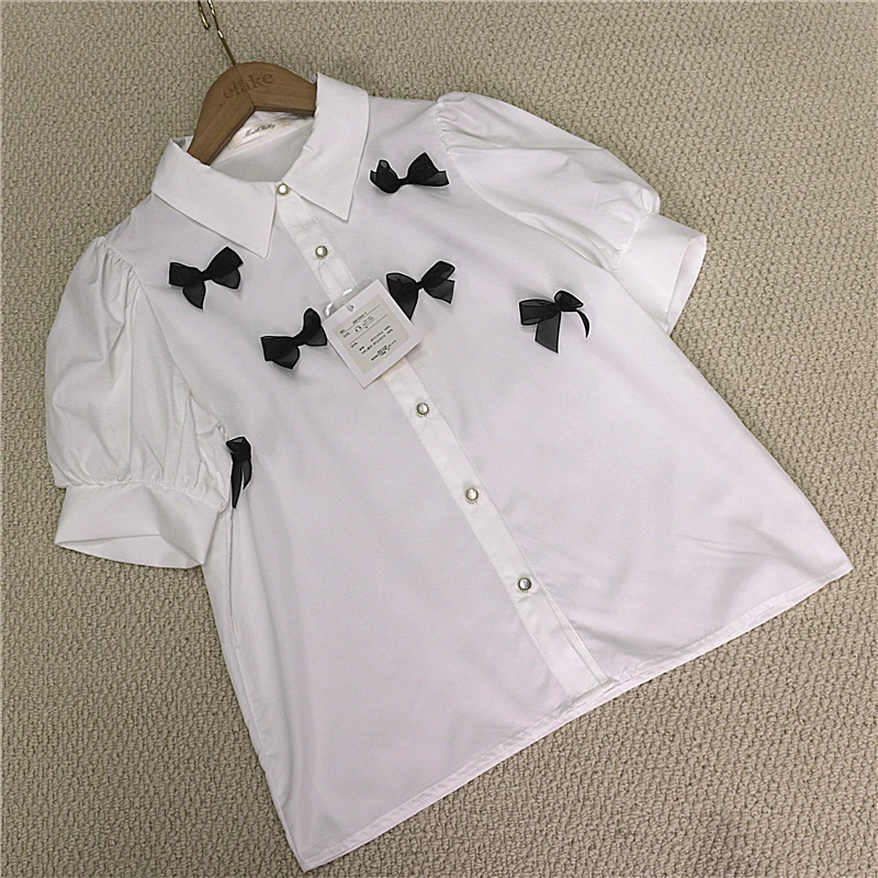 Японский продукт Rojita летняя блузка с бантом и коротким рукавом Однотонная Милая