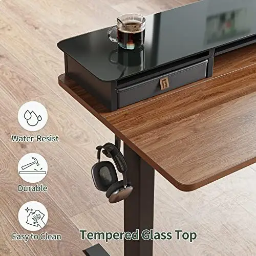 

Desk with Glass Top Monitor Stand,55 x 24 Inch Adjustable Sit Stand Up Table with Double Drawer, Sit Stand Desk with Storage She