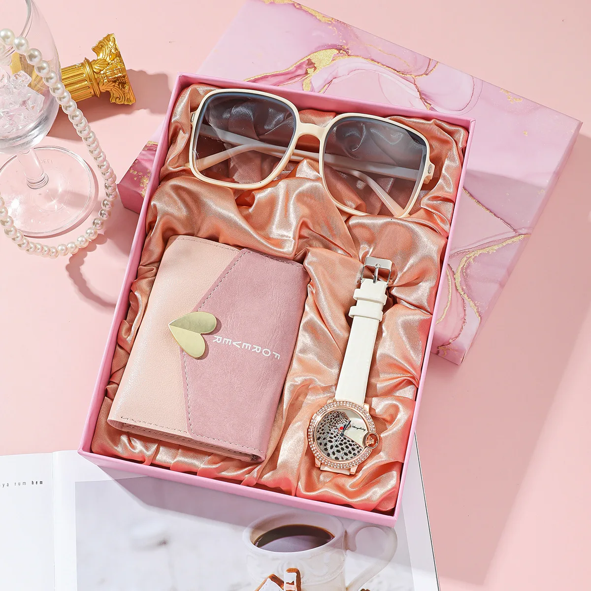 3Pcs Set Fashion Womens Watches Set with Box Luxury Quartz Watch Wallet Sunglass Wristwatch Set Gifts Box for Wife Girlfriend