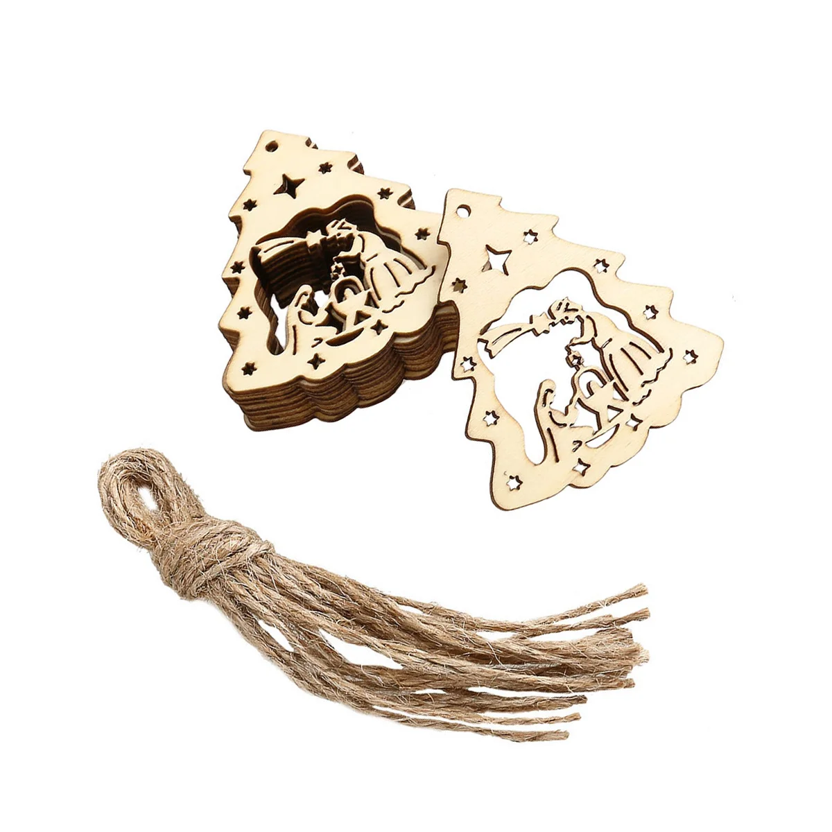 

10pcs Wooden Christmas Decoration The Birth of Jesus Pattern Pendant with Ropes