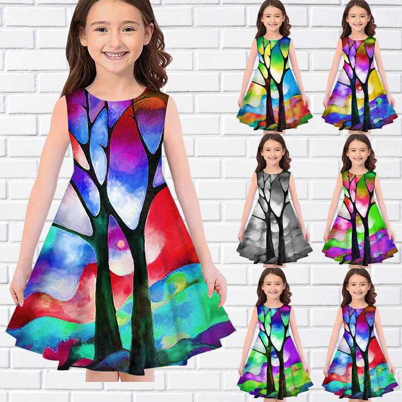 

Abstract Tree Pattern 3D Print Summer Sleeveless Girl Dress Casual O-Neck Long Dresses Fashion Girls Dresses For Eid Cute Dress
