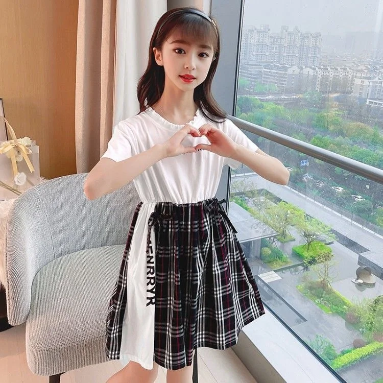 

Girls Summer Short Sleeve Plaid Dress 2022 new middle school and university girls' foreign style college casual dress