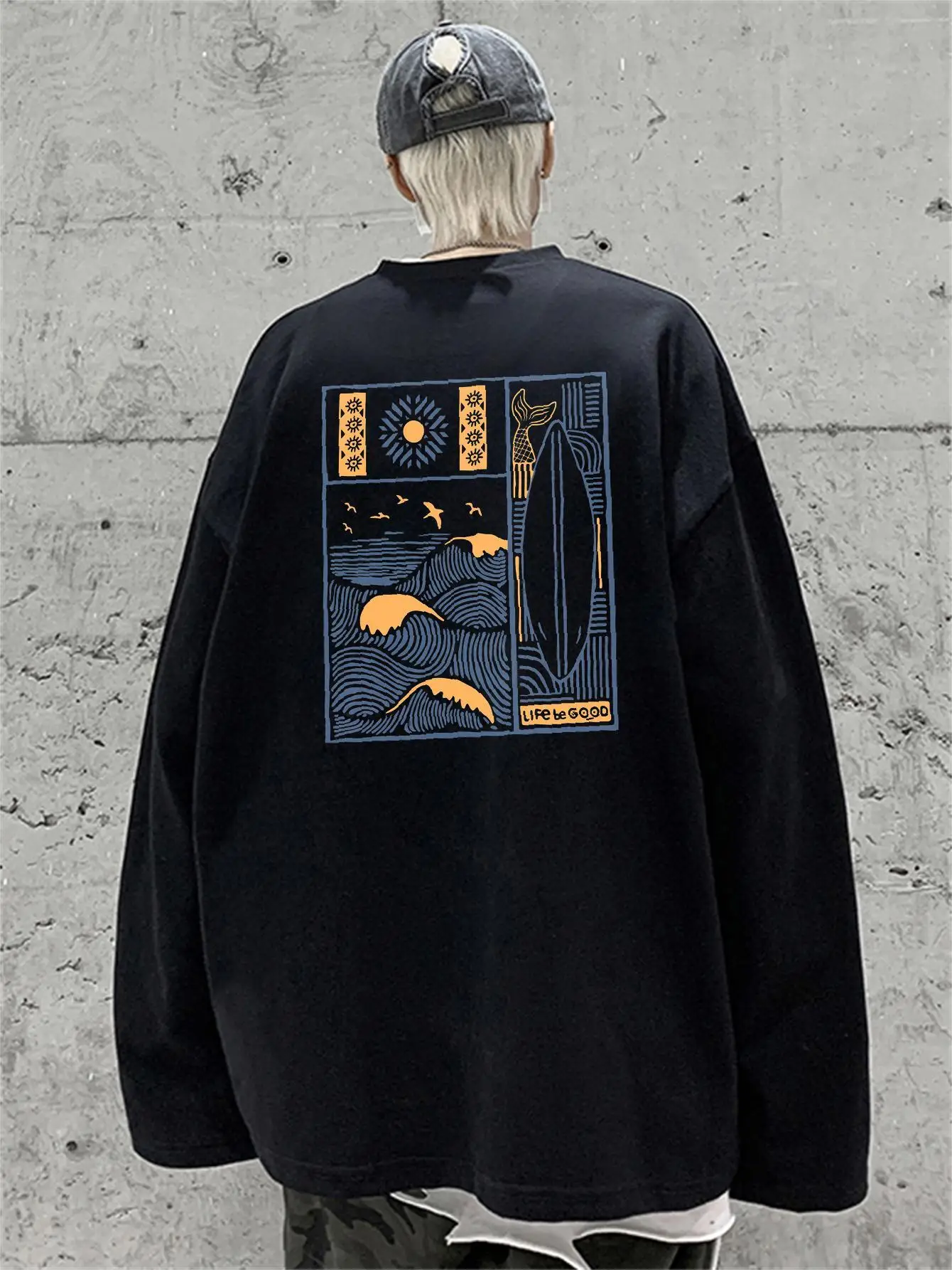 Футболка мужская с длинным рукавом Свободный Топ принтом морской волны