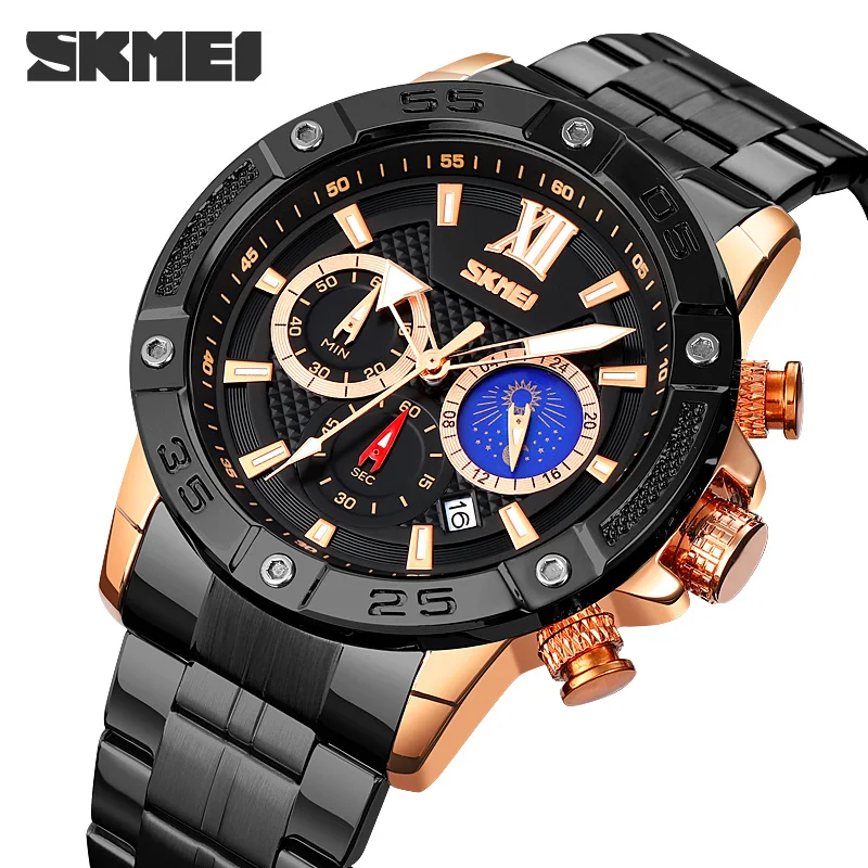 

Original Fashion Watch Men Luxury Stainless Steel Quartz Watches Top Brand SKMEI Business Wristwatch Stopwatch Moon Phase Hour