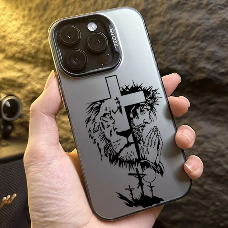 Cross Pattern Bicolor Lion Phone Case For iPhone 11 12 13 14 15 16 Pro Max XS X XR 7 8 Plus SE2 Shockproof Anti Fall Back Cover