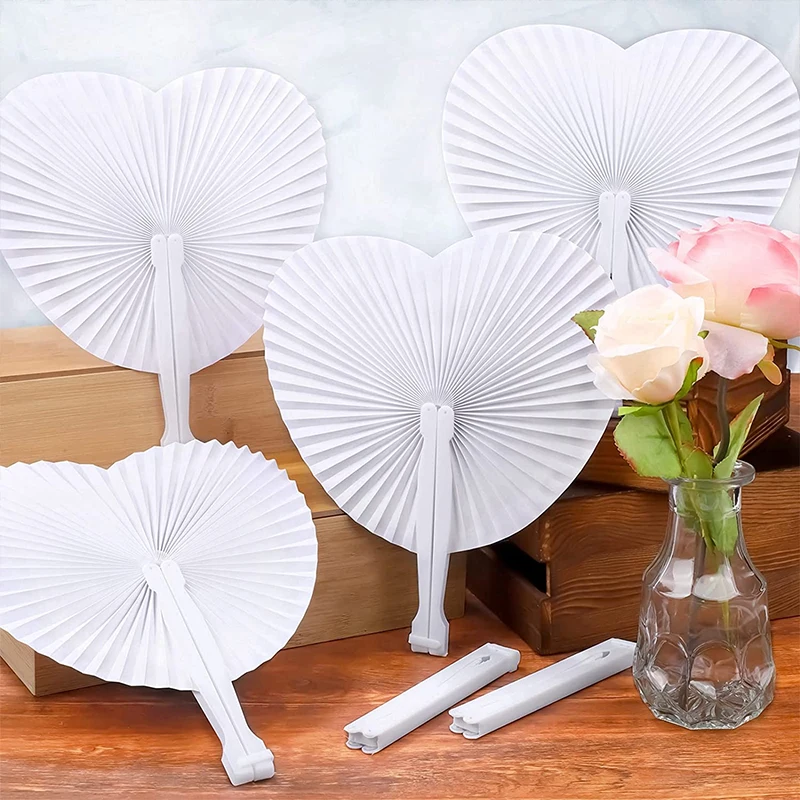 

30/60/100Pcs White Folding Paper Fans Heart Shaped Plastic Handle Paper Fans DIY Blank Fan Festival Hand Fan Wedding Party Decor