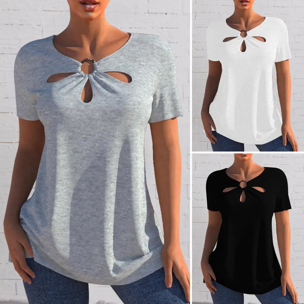 

O-Neck Short Sleeve Flower Shape Hollow Women T-shirt Simple Solid Color Pullover Top Streetwear