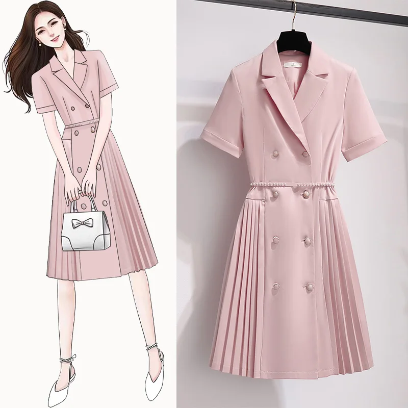 

Women's New Summer High-end Temperament Suit Collar Double Breasted High Waist Slim Pleated Fashion Holiday Party Dress