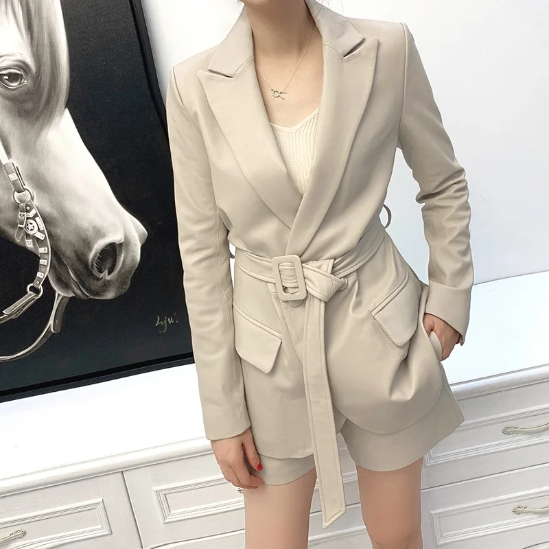 Fashion Outwear 2022 New Autumn Women Leather Jacket Vegan Belt Suit Blazers Simple Solid Color Genuine Sheepskin Coat TF3927