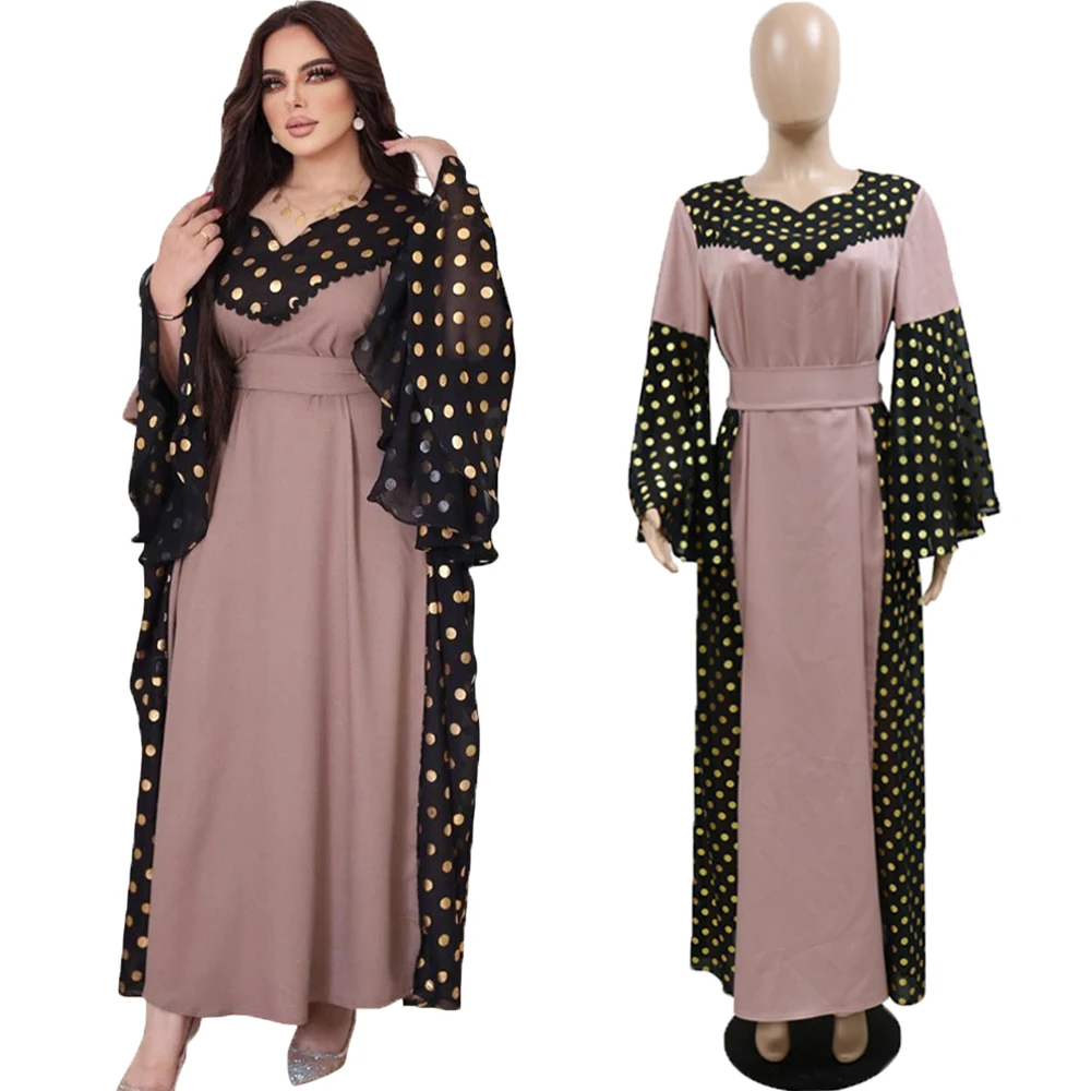 

Dubai Islamic Muslim Women Long Dress Middle East Ethnic Turkey Casual Arabic Abaya Kaftan Polka Dot Flare Sleeve Maxi Robe Gown
