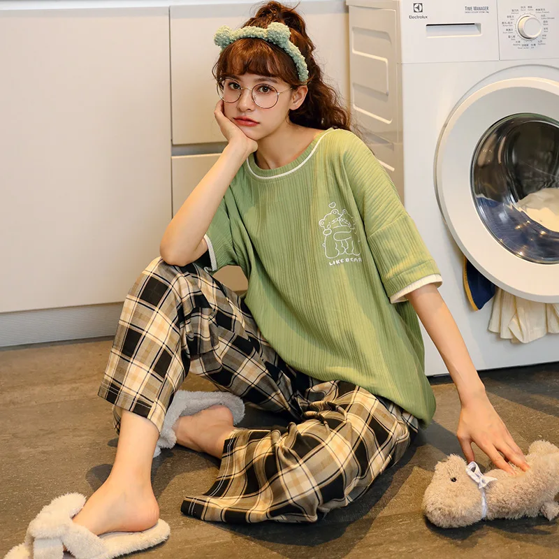 New Pajamas Cartoon Cotton Pajamas Women's Trousers Short-sleeved Summer and Spring Home Clothes Fashion Home Clothes