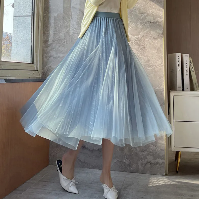 

Женская юбка с высокой талией, синяя плиссированная юбка из тюля в стиле Харадзюку, корейская мода, черная юбка Q5755, весна-лето 2022