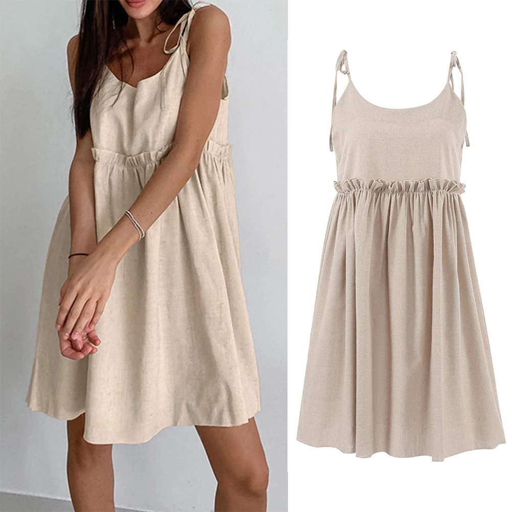 

Summer Cotton Linen Suspender Dress Section Casual Loose Temperament Sleeveless Korean Women Simple Lace Up Female Vestidos 2023