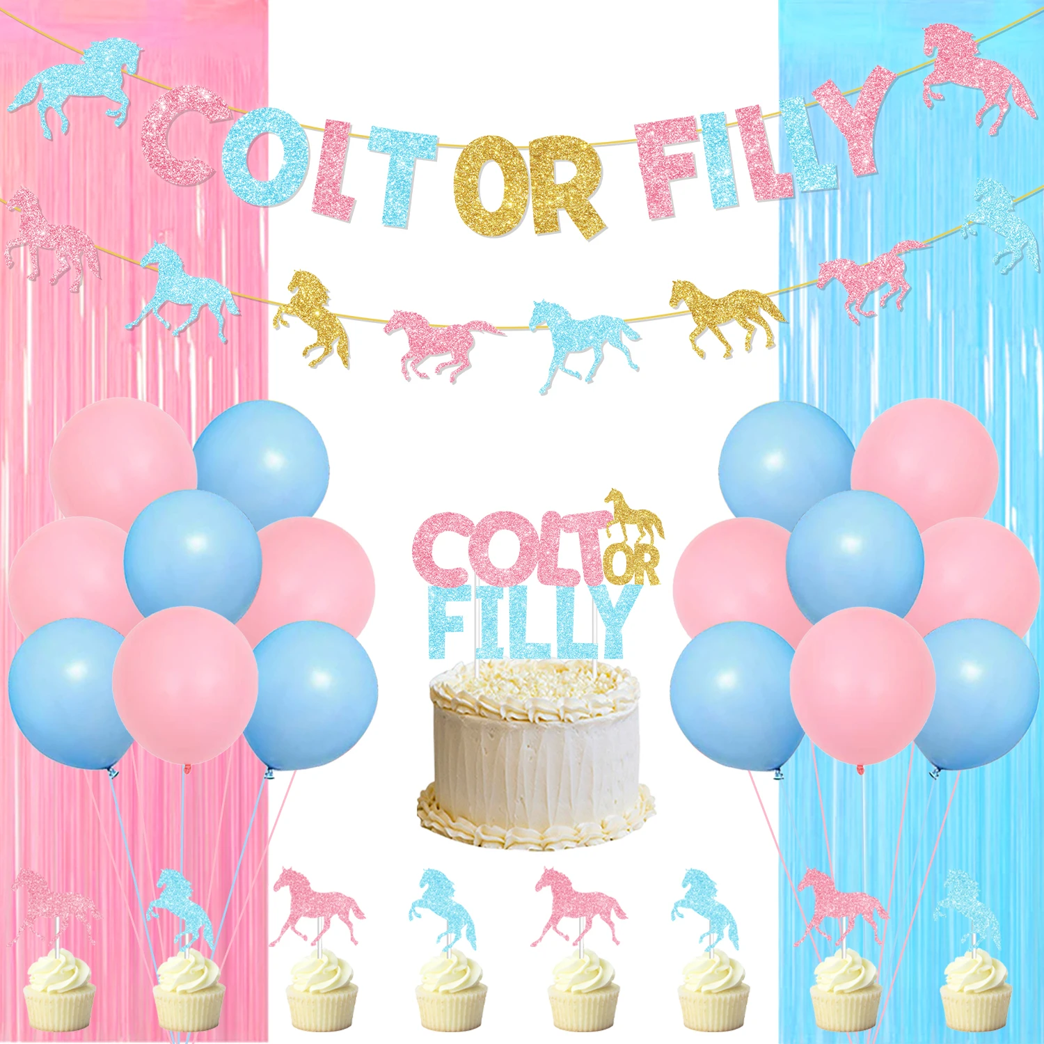 

Horse Themed Baby Gender Reveal Party Decorations Set Blue and Pink COLT OR FILLT Banner Cake Topper Boy or Girl Party Supplies