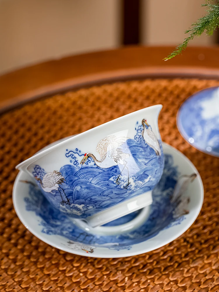 Китайский ретро Цзиндэчжэнь Gaiwan сине-белый журавль домашний антиожоговый чай