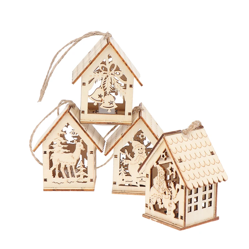 

Merry Christmas LED Light Wooden House Luminous Cabin Christmas Decorations Home Kids Gifts New Year DIY Xmas Tree Ornaments