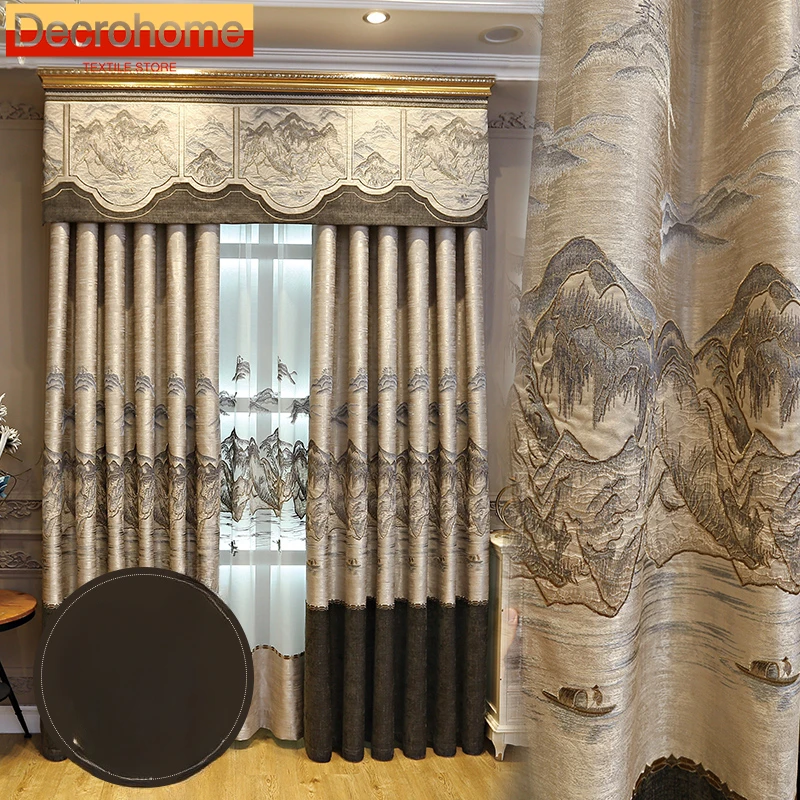 

New Chinese Style Chinese Style Retro Landscape Lace Embroidery Gradient Thickened Lace Curtains for Living Dining Room Bedroom