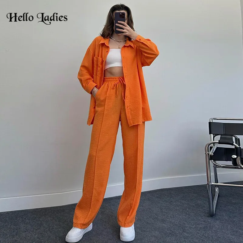 

HL 2023 New Autumn Solid Pleated Two Piece Set Women's Homewear Long Sleeve Cropped Button Shirt + Wide Leg Pants Suit Ladies