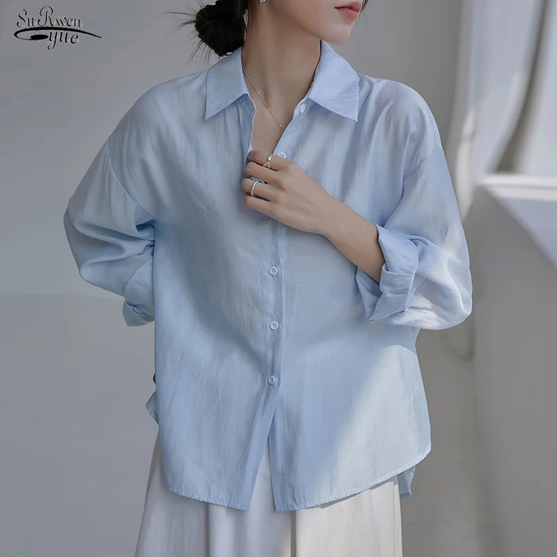 

Casual White Shirt Blue Sunscreen Shirt Tops Spring Summer Long Sleeve Shirt Women Clothes Loose Air Condition Cardigan 19851