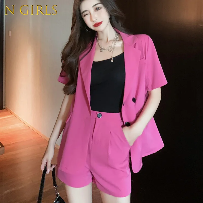 N GIRLS Korean Fashion Loose 2 Piece Set Short Sleeve Blazers Coat + Shorts Suits All-Match Pant Suits Sweet Two Piece Set