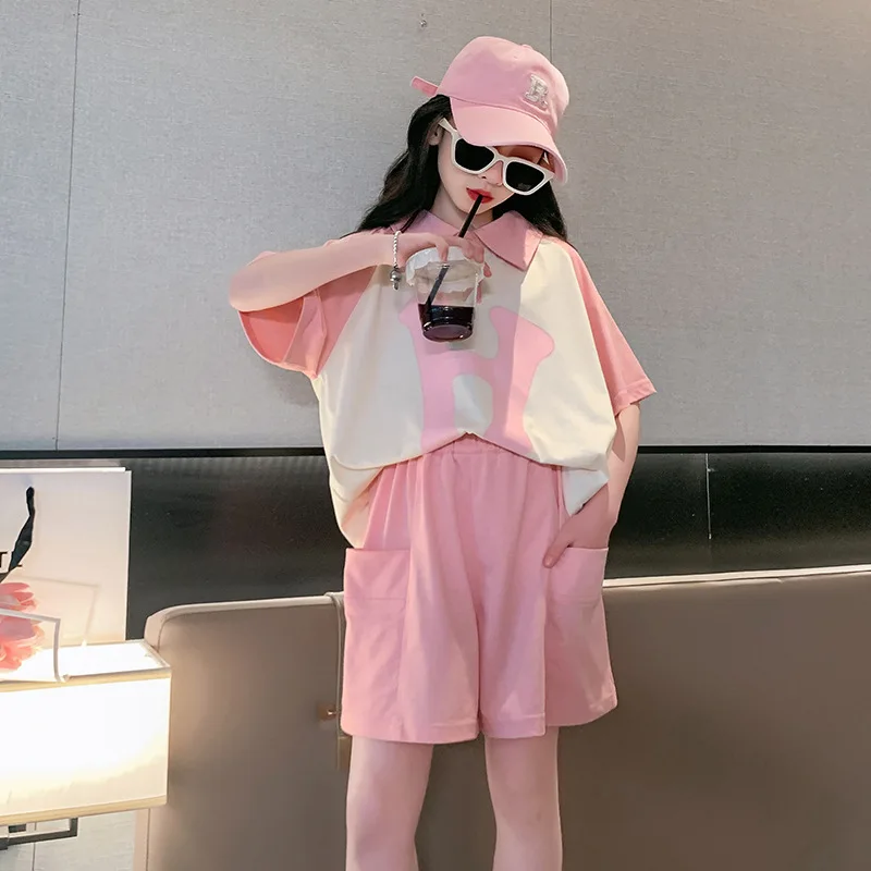 

Girls Polo Short Sleeve Set Summer 2023 Fashionable Student Casual Shorts 2Pcs Sets Child Loungewear Clothes for 4-14Y